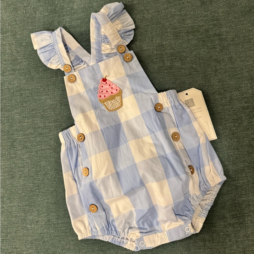 Blue Checkered Kids One Piece with Cupcake Design